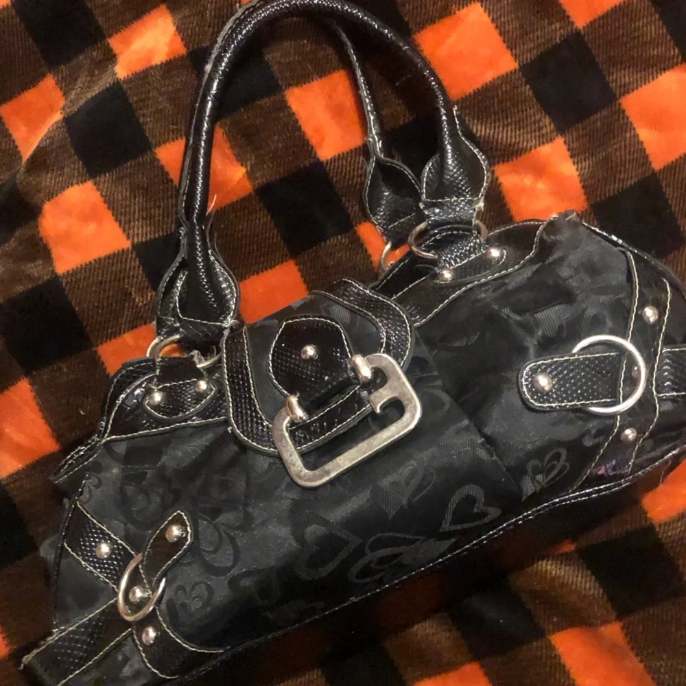 Black Heart Jacquard Satchel Handbag